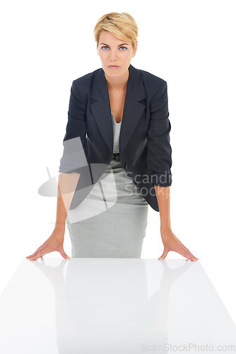 Image of Hr manager, studio or portrait of a woman at a desk for recruitment, hiring and start of an interview. Serious lady, assertive or business professional with confidence isolated on a white background