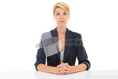 Image of Manager, studio or portrait of a businesswoman at desk for recruitment, hiring or start of an interview. Serious face, assertive or professional lady with confidence isolated on a white background