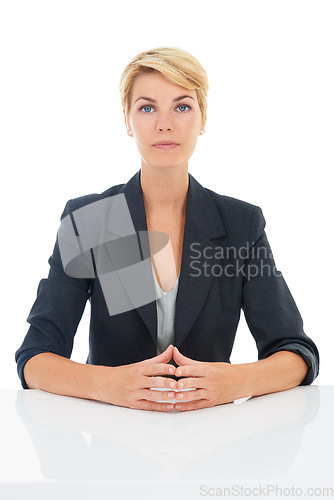 Image of Job interview, studio or portrait of a businesswoman at desk for recruitment, hiring or start in corporate. Serious face, assertive or professional lady with confidence isolated on a white background
