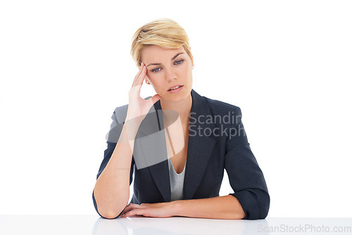 Image of Business woman, headache and thinking in studio of burnout, stress or mental health on white background. Tired, confused and sad worker with anxiety, brain fog and fatigue of mistake, doubt or crisis