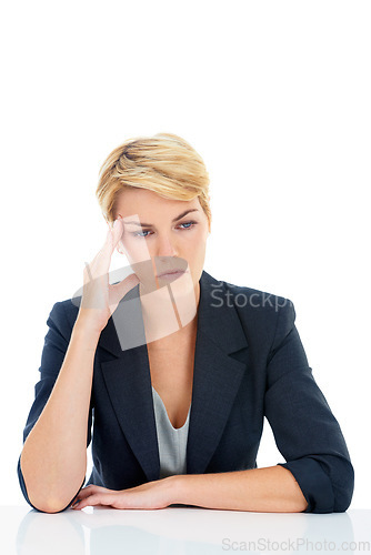 Image of Business woman, stress or thinking in studio of challenge, headache or mental health on white background. Burnout, confused worker or sad for vertigo, brain fog or doubt wrong mistake at mockup space