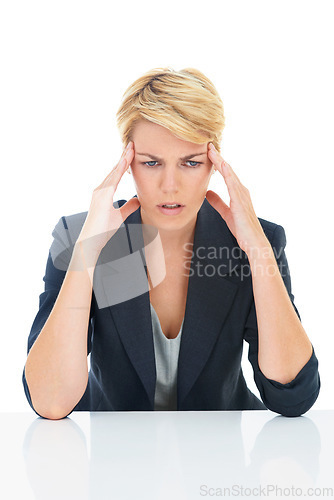 Image of Headache, business woman and thinking in studio of burnout, anxiety or mental health on white background. Tired, confused and sad worker with stress, brain fog and fatigue of mistake, doubt or crisis