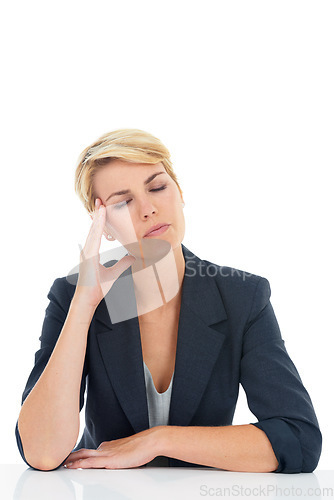 Image of Business woman, stress or headache in studio for challenge, disaster or mental health on white background. Worker, burnout and frustrated for vertigo, brain fog or doubt wrong mistake at mockup space