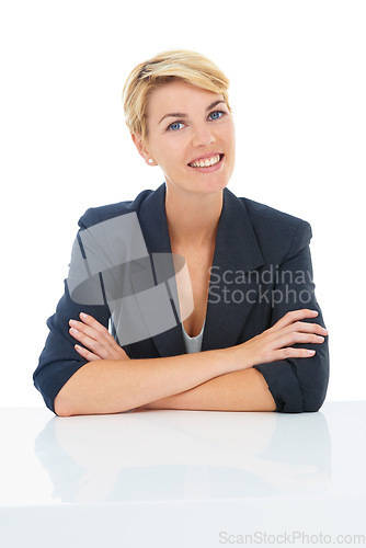 Image of Job interview, confidence or portrait of a businesswoman at desk for recruitment or hiring in studio. Smile, corporate, worker or professional lady with pride or company isolated on white background