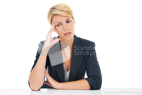 Image of Headache, business woman and thinking of stress, anxiety or mental health in studio on white background. Worry, confused worker and crisis of burnout, brain fog and fatigue of mistake, doubt and debt