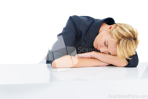 Image of Tired, business woman and sleeping in studio with burnout, stress and low energy at table on white background. Fatigue, lazy and exhausted corporate employee taking a nap to rest with mockup space