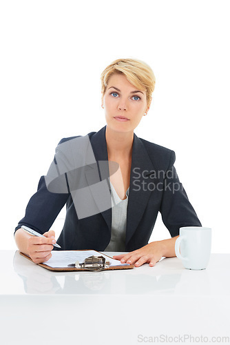 Image of Business woman, documents and portrait in studio with legal information, checklist or writing of rules and job policy. Serious lawyer or attorney with clipboard or paperwork on a white background