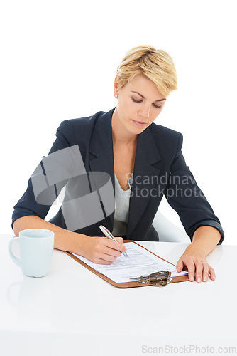 Image of Business woman, documents and writing in studio with legal information, checklist or review of rules and job policy. Professional lawyer or attorney with clipboard or paperwork on a white background