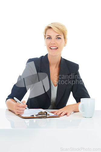 Image of Business woman, checklist and portrait in studio with documents, contract or signature for real estate agreement. Happy professional agent at desk with clipboard or paperwork on a white background