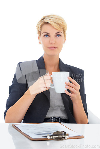 Image of Coffee, checklist or portrait of a businesswoman at a desk for recruitment, hiring or interview in studio. Drinking tea, serious lady or hr manager with paperwork or clipboard on a white background