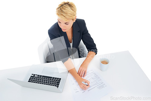 Image of Business woman, laptop and documents in studio for accounting, taxes management and budget report. Professional accountant writing at her desk with computer and paperwork on a white background above