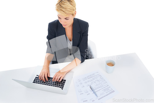 Image of Business woman, typing on computer and studio for accounting, taxes management and budget report. Accountant or worker on laptop at desk, search and planning of documents on a white background above