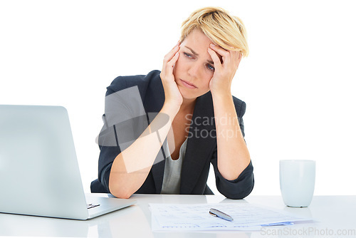 Image of Business woman stress at laptop, paperwork and audit report for bankruptcy in studio on white background. Frustrated accountant, computer or worry of tax documents, debt crisis or financial challenge