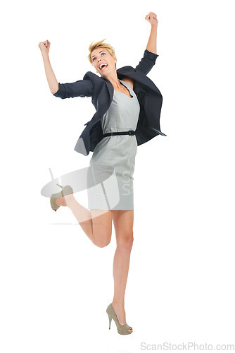 Image of Excited, jump and businesswoman in a studio with success in celebration of goals or winning lottery. News, wow and happy employee with smile, deal or job promotion announcement on white background