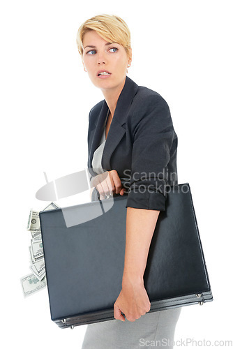 Image of Suitcase, money or businesswoman in studio walking for illegal payment, deal or secret scam. Scared, white background or financial manager with cash or dollars for bribery, corruption fraud or crime