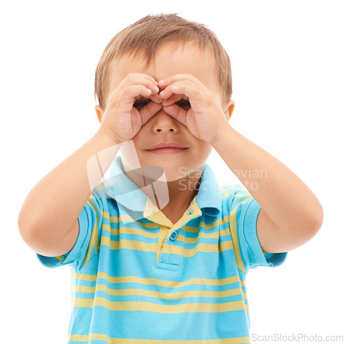 Image of Binoculars, hands and portrait of kid search, find or inspection in white background of studio. Curious, vision and child with gesture to spy for research, knowledge and learning from sightseeing