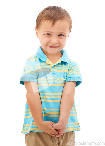 Image of Happy, child and portrait of boy in studio, white background and fashion in mockup space. Kid, face and smile with wellness, confidence and pride to start kindergarten with trendy style and outfit