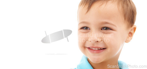 Image of Boy, child and happy portrait in studio, white background and thinking in mockup space. Kid, face and smile with wellness, confidence and pride to start kindergarten with curious ideas or development