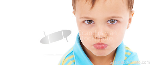 Image of Boy child, sad and studio portrait with mockup space for mental health promotion by white background. Kid, face and person with headshot for banner, depression or frustrated with fear, moody or upset
