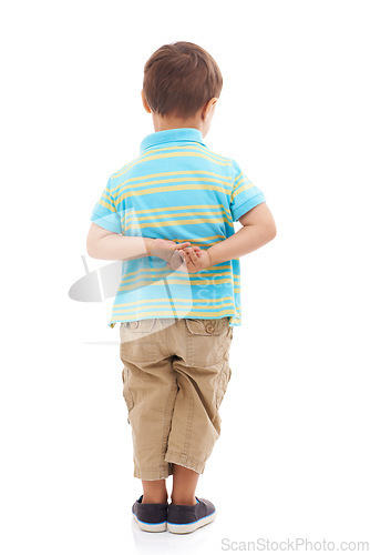 Image of Child, boy and back in studio or white background for nervous student, kindergarten or mockup. Male person, kid and hands for anxiety or growing shy or innocent worry for mistake, problem or fear