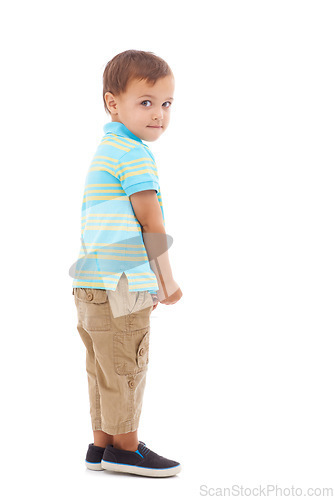 Image of Child, portrait and guilty of mistake in studio or white background, mockup or development. Male person, model and sneaky face kindergarten or nervous student as naughty problem, uncertain or worried