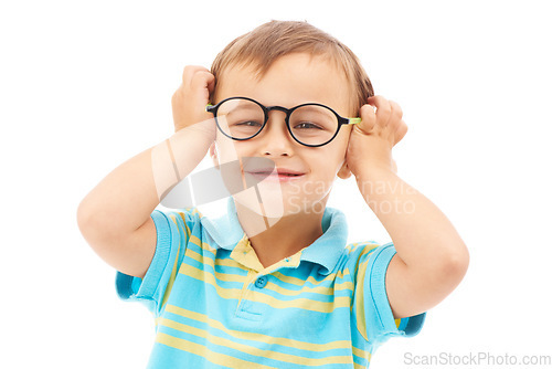 Image of Child, boy and glasses in studio portrait, eyes and vision support by white background. Happy male person, kid and ophthalmology for eyecare or sight, spectacles and stylish fashion or cool frame