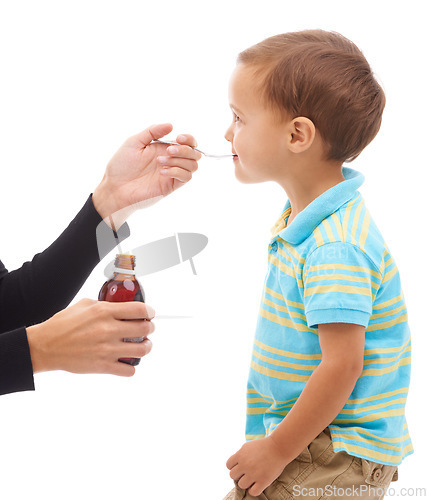 Image of Hands, medicine and spoon for child in studio, care and thinking with drinking by white background. Kid, mother and bottle for healthcare, pharmaceutical product and helping sick boy in profile