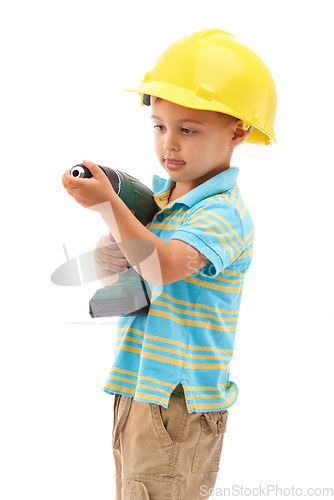 Image of Child, construction worker and play development or hat for handyman, safety or drill. Boy, diy costume and studio white background as mockup space for future ambition for kid fun, engineer or build