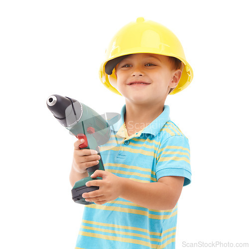 Image of Child, construction and hat or tools for play development or handyman, safety or drill. Boy, diy costume and studio white background as mockup space for future ambition or kid fun, engineer or build