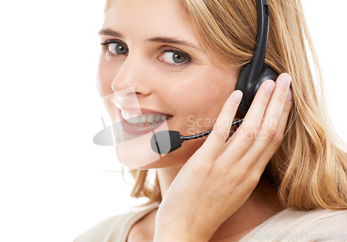 Image of Call center, woman and face portrait in studio for customer service, CRM sales and FAQ questions on white background. Happy telemarketing agent with microphone for IT support, advice and contact us