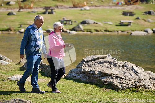 Image of Elderly couple strolling through the breathtaking beauty of nature, maintaining their vitality and serenity, embracing the joys of a health-conscious and harmonious lifestyle