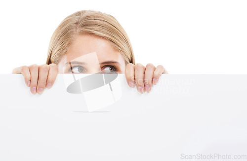 Image of Thinking, face and woman with blank poster, sign or banner for question in white background and mockup. Studio, space and person with a empty signage for information on choice, decision or cardboard