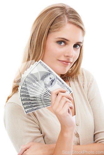 Image of Woman, portrait and money fan in studio of dollars, finance and banking for financial freedom on white background. Wealthy winner with bills for lottery bonus, cash savings and investment of cashback