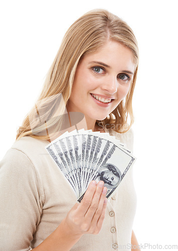 Image of Portrait, woman and smile with money fan in studio for giveaway, gambling or financial freedom on white background. Wealthy winner, bills and prize of lotto bonus, cashback savings and finance reward