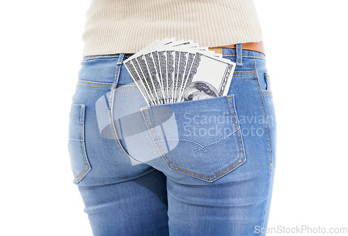 Image of Dollars, jeans and cash in back pocket for profit isolated on a white studio background. Money, rear view and person in denim with savings, financial investment income and budget for funding wealth