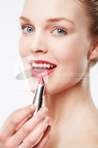 Image of Portrait, application and model in studio with red lipstick, beauty cosmetics and mock up by white background. Woman, foundation and aesthetic for glow face with color product and soft lips results