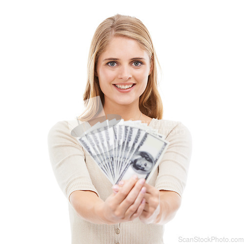 Image of Happy woman, portrait and money fan in studio for giveaway, gambling and financial freedom on white background. Wealthy winner, bills and investment of lottery bonus, cashback savings and rich reward