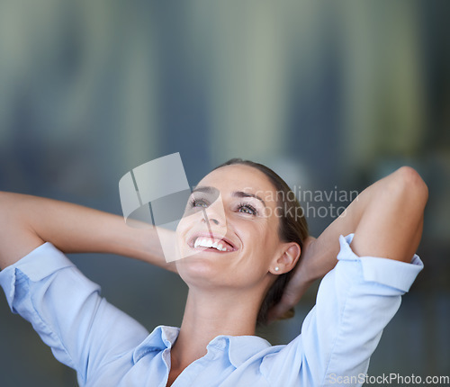 Image of Woman, office and resting for work, happy and hands on head for relaxing, satisfied and thinking female person. Businesswoman, break and done with job, workplace and finished with company tasks