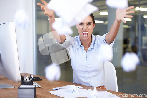 Image of Angry, business portrait and woman throw documents over accounting mistake, audit disaster or bad financial results. Tax compliance, facial expression and accountant frustrated with economy crisis