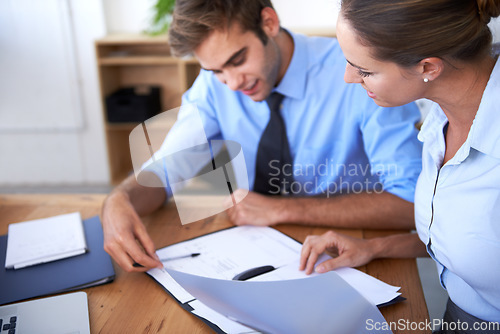 Image of Paperwork, information and professional people reading financial numbers, feedback report or business plan. Collaboration, documents and corporate team review company finance, project or annual audit