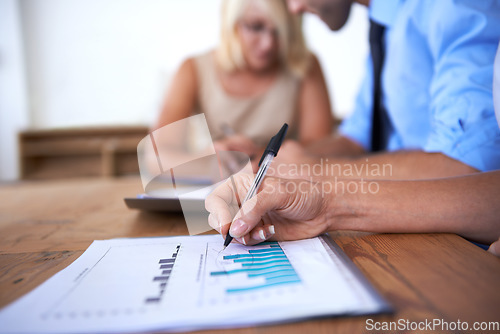 Image of Business hands, documents and writing with data analysis, graphs and charts for financial report and budget in office meeting. People with paperwork, revenue and statistics for profit or sales