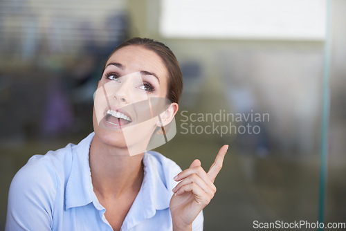 Image of Thinking, face and woman with business idea, hand gesture and point at mockup space for problem solving solution. Wonder, facial expression and employee with eureka symbol, aha moment or conclusion