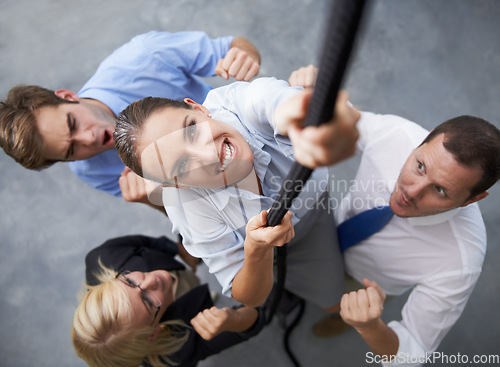 Image of Business, people or woman climbing rope for career ambition, job progress or team building collaboration. Motivation, top view and worker with determination, support and drive for service commitment