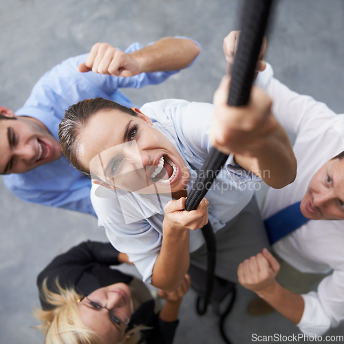 Image of Business people, face and woman climbing rope with effort, motivation and support cheers for employee progress development. Energy, top view and person scream with determination, power and commitment