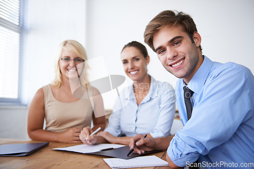 Image of Paperwork, happy and portrait of professional people teamwork on company funding plan, project or strategy. Meeting, job experience or staff cooperation on finance numbers, budget or sales folder