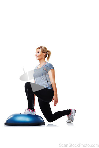 Image of Workout, half ball and woman doing lunge for wellness, physical exercise or legs strength performance. Aerobics, balance dome platform and studio person in stability training on white background