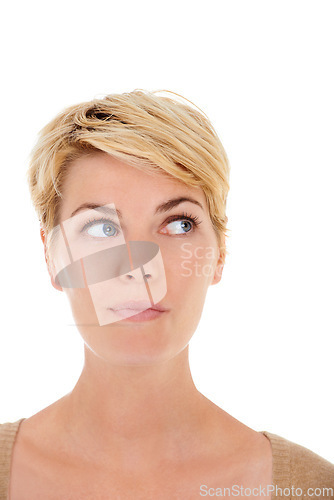 Image of Woman, face and thinking for choice, decision or question on a white studio background. Closeup of female person, model or blonde in wonder or thought for selection, idea or doubt on mockup space