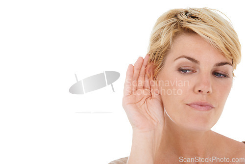 Image of Ear, hand and woman with secret in a studio with mockup space for advertising or marketing. Gossip, communication and female person with listening gesture isolated by white background with mock up.
