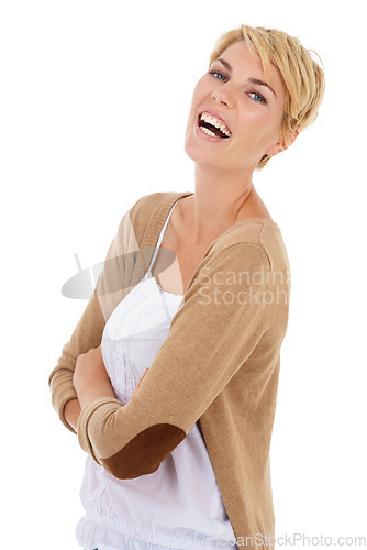Image of Smile, fashion and portrait of woman in studio with casual, trendy and stylish outfit. Happy, crossed arms and female person with cool style and confident attitude isolated by white background