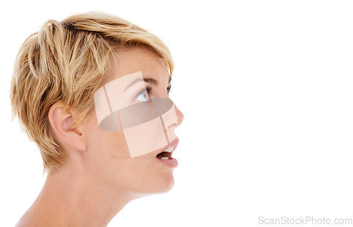 Image of Woman, face and shock on mockup space for news, notification or alert on a white studio background. Closeup, profile or female person, model or blonde looking with facial expression at special offer